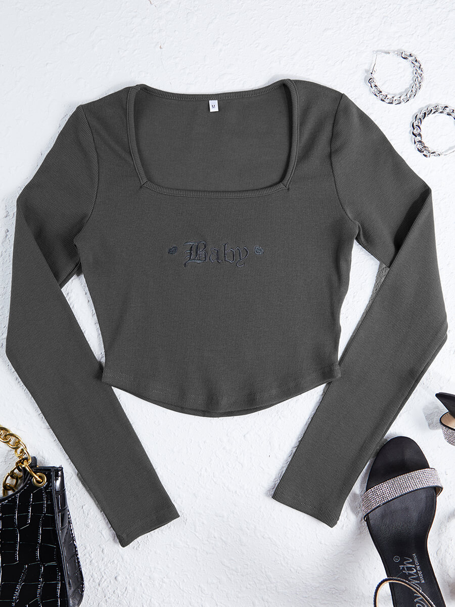 

Lovely Casual Square Neck Rib-Knit Letter Print Grey T-shirt