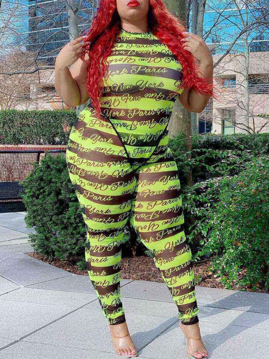 

LW Plus Size Casual Letter Print Striped Light Green Two-piece Pants Set