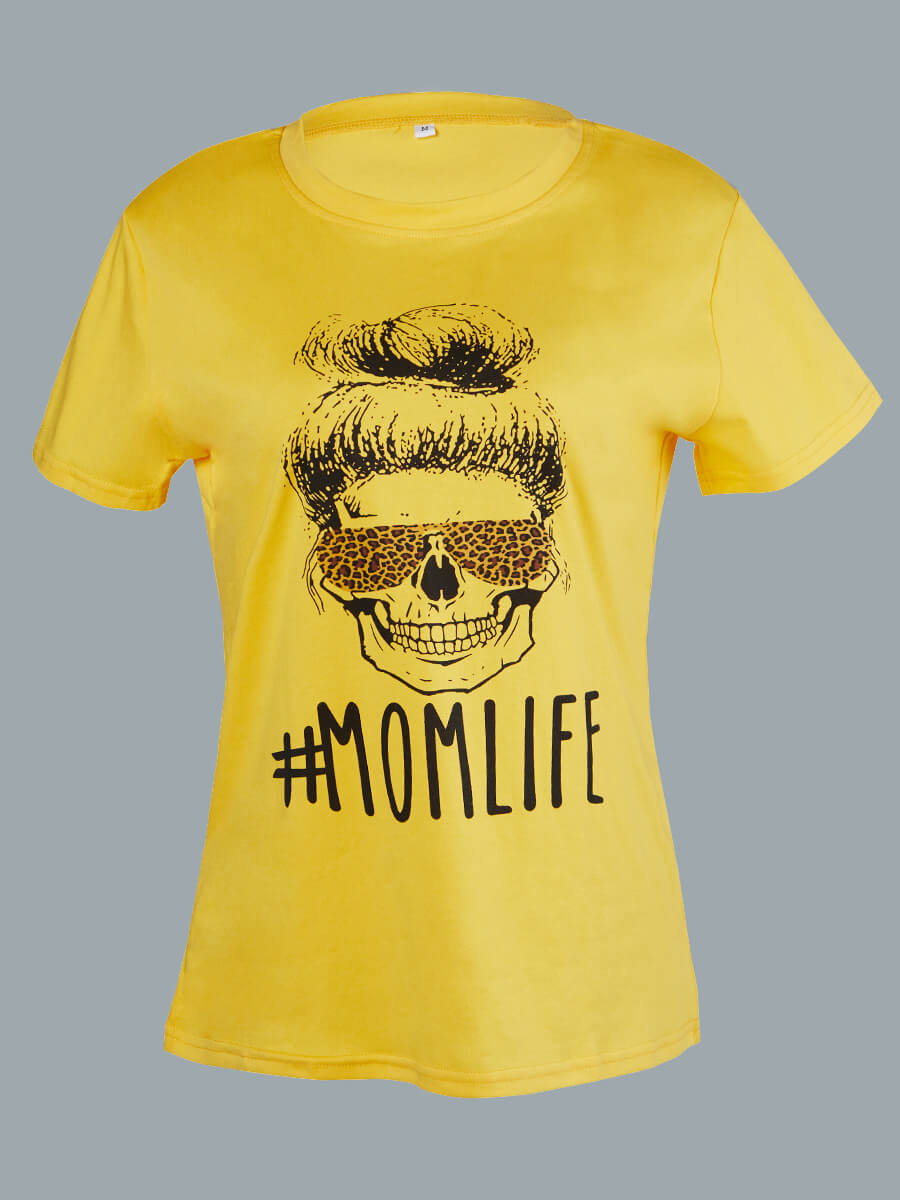 

Lovely Casual O Neck Skeleton Letter Print Yellow T-shirt