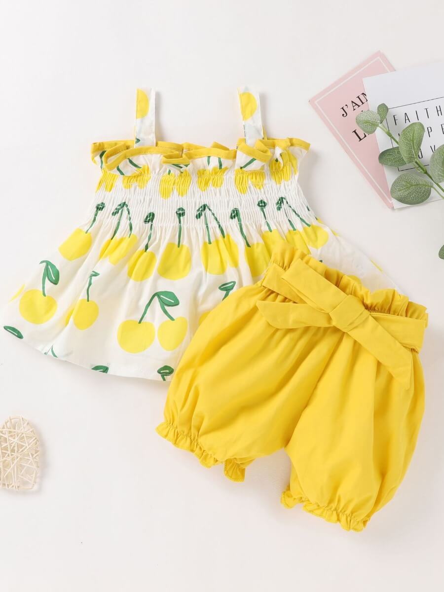 

Lovely Sweet Cherry Print Fold Design Yellow Girl Two Piece Shorts Set