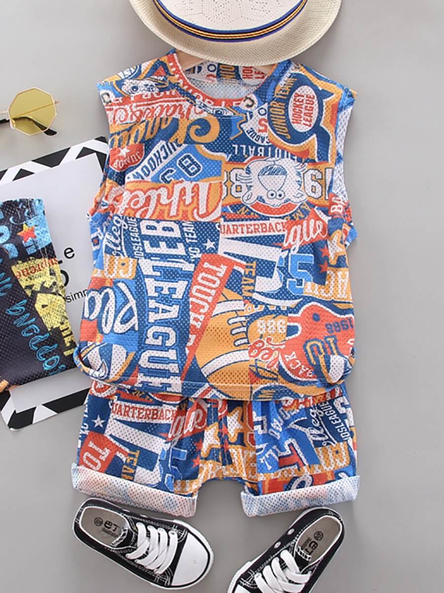 

Lovely Boy Street O Neck Letter Print Multicolor Two Piece Shorts Set, Multi