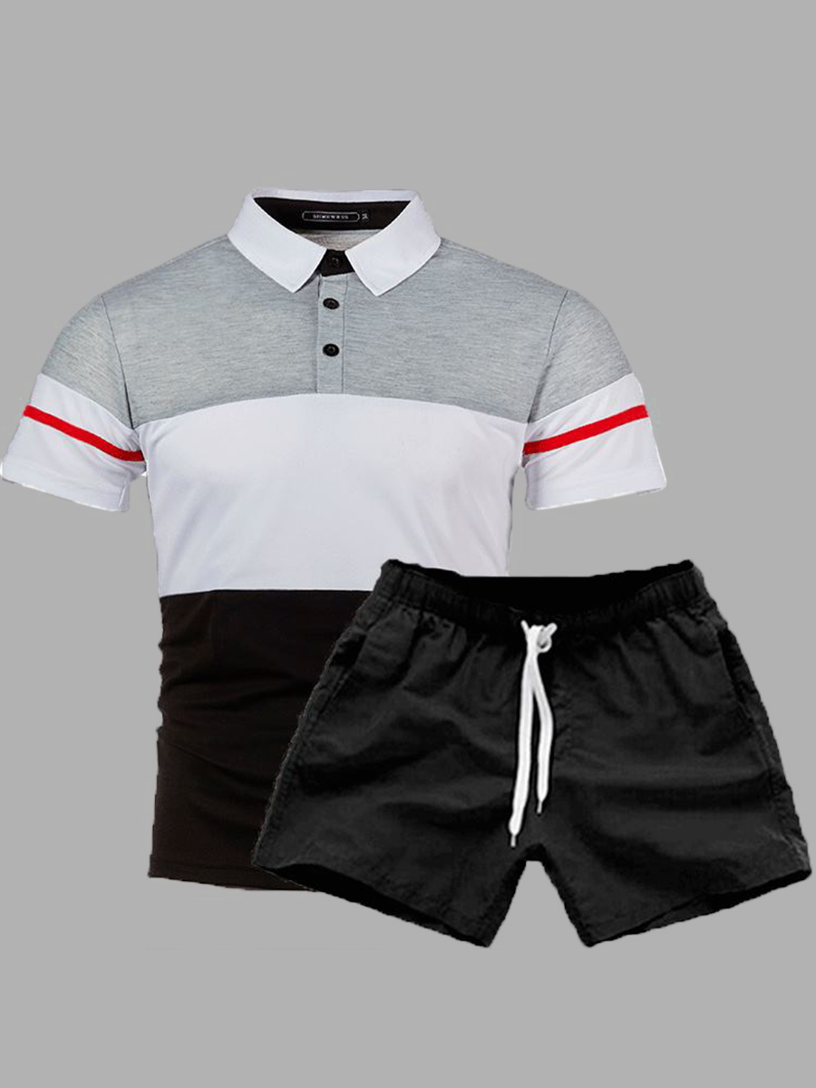 

Lovely Casual Patchwork Drawstring Light Grey Men Two Piece Shorts Set
