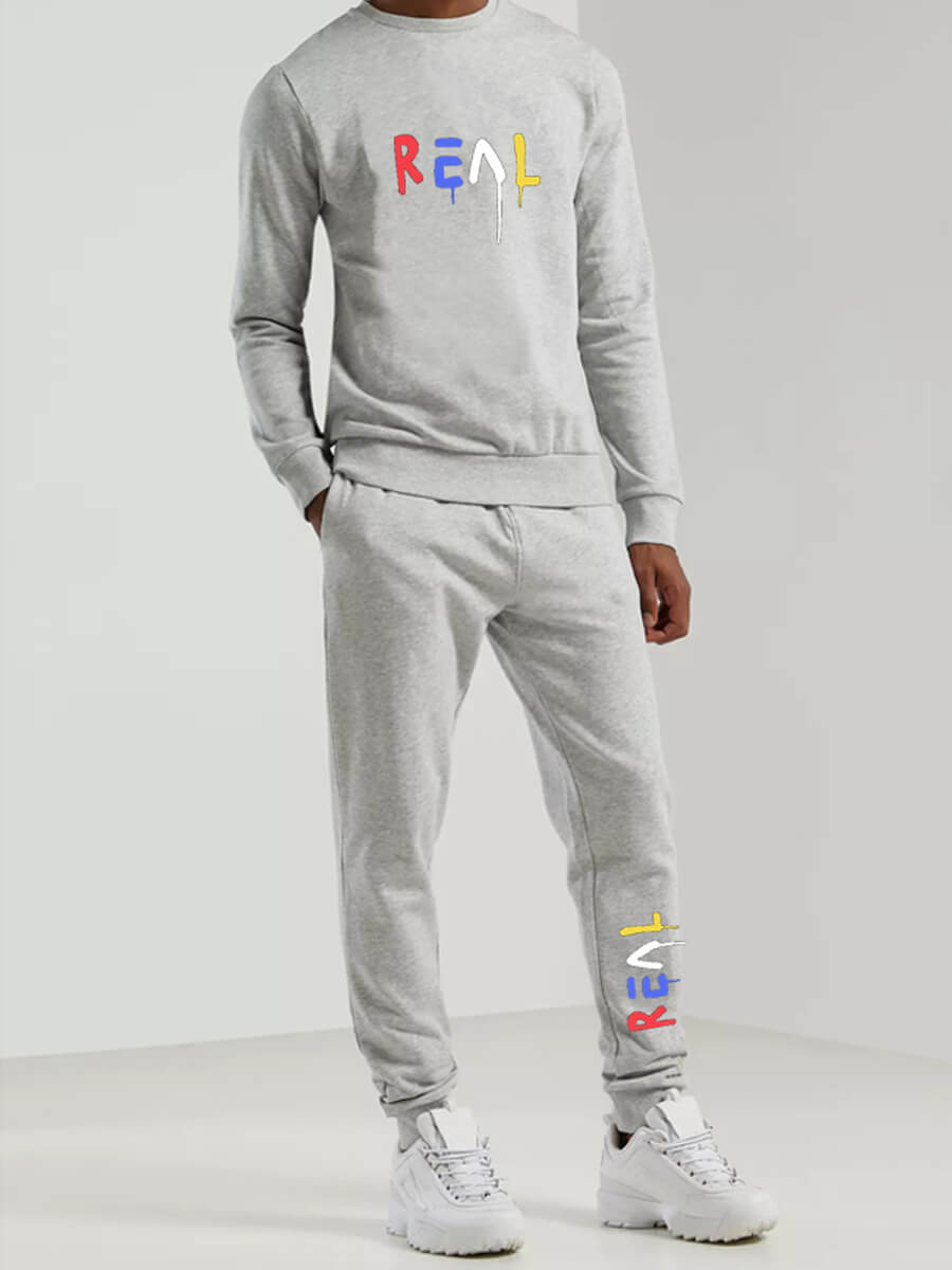 

Lovely Casual O Neck Letter Print Drawstring Grey Men Two Piece Pants Set