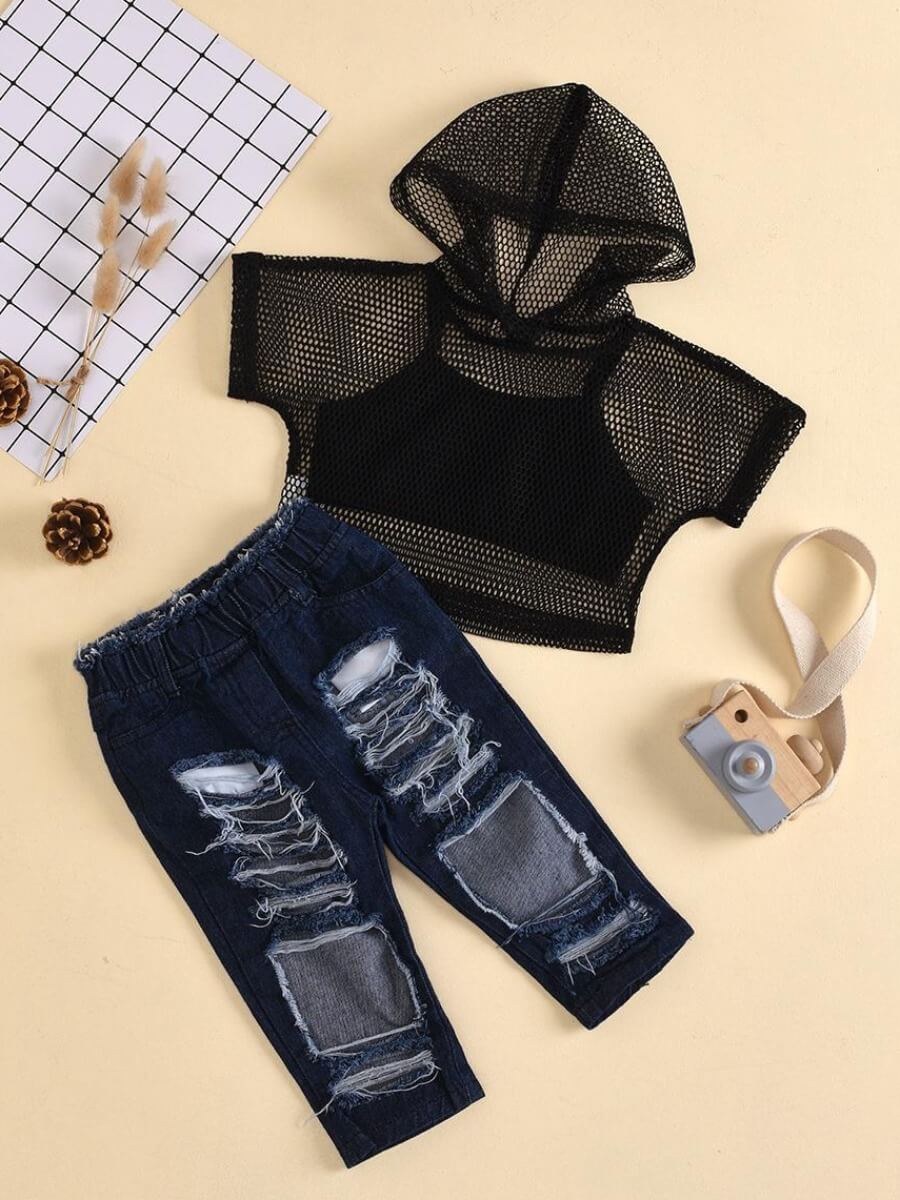 

Lovely Street Hollow-out Broken Holes Black Girl Three Piece Pants Set