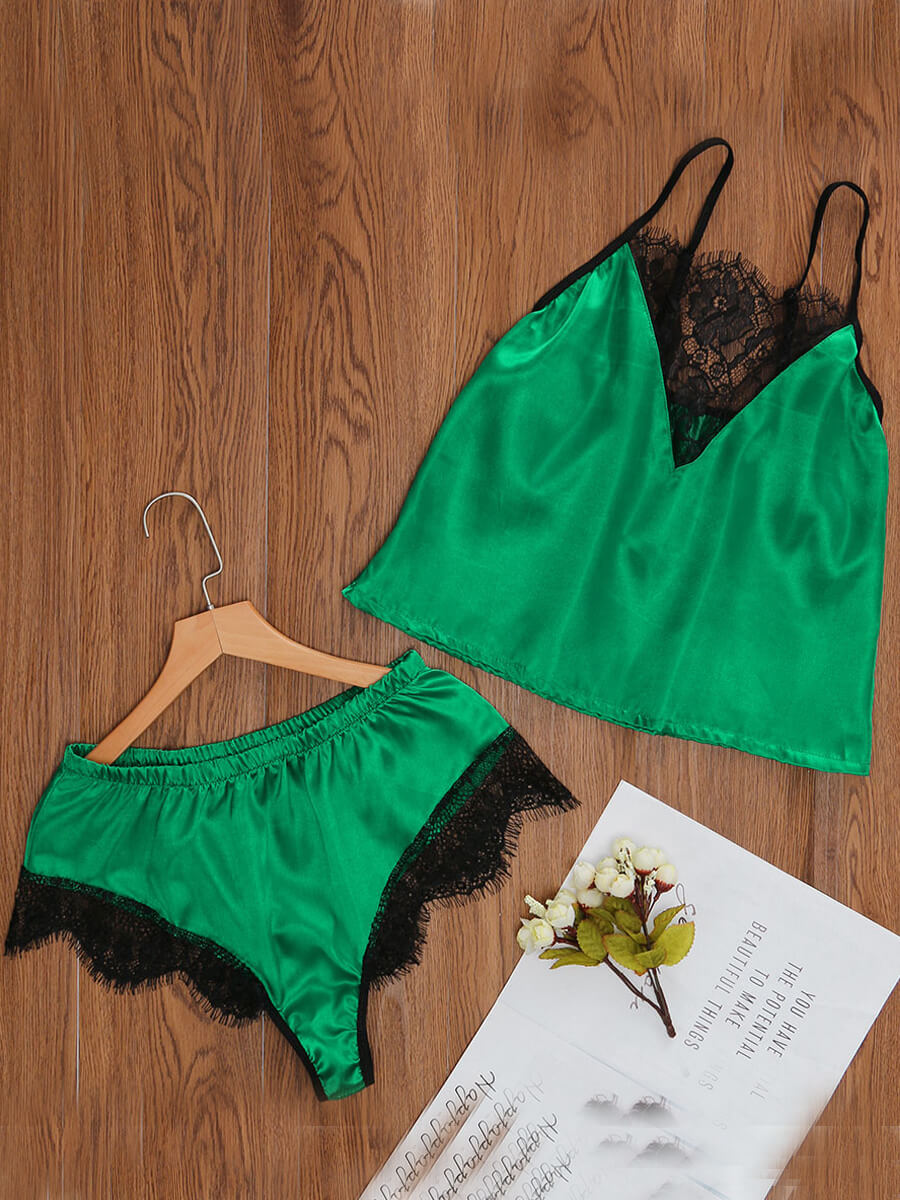

Lovely Casual See-through Patchwork Green Sleepwear