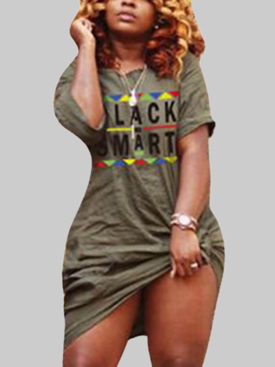 

Lovely Casual O Neck Letter Print Green Knee Length Plus Size Dress