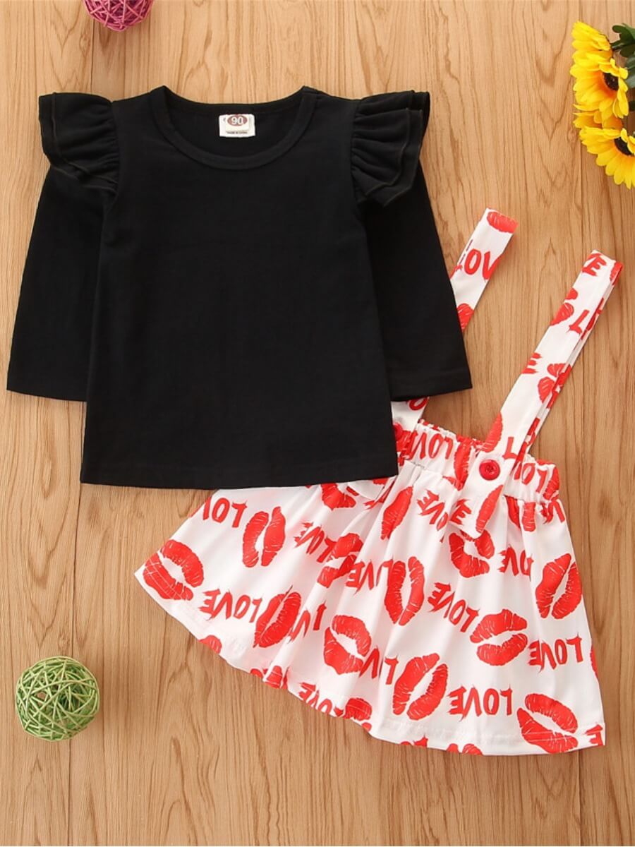 

Lovely Girl Sweet Flounce Design Lip Print Black Two Piece Skirt Set