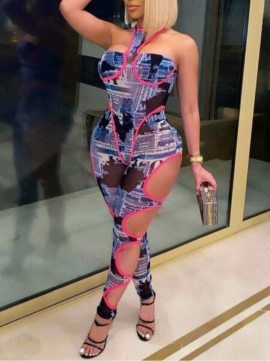 

Lovely Plus Size Party Off The Shoulder Print Hollow-out Blue One-piece Jumpsuit