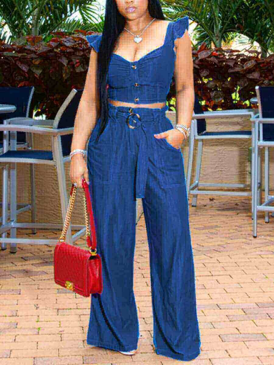 

Lovely Casual Flounce Bandage Design Blue Denim Two Piece Pants Set