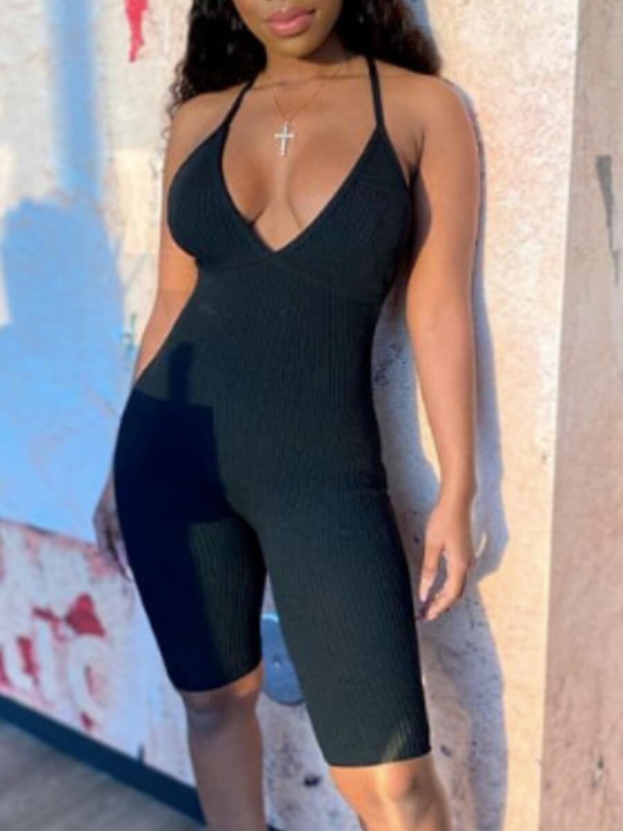 

Lovely Casual V Neck Skinny Black One-piece Romper