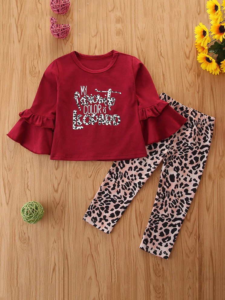 

Lovely Casual Flounce Design Leopard Print Wine Red Girl Two Piece Pants Set