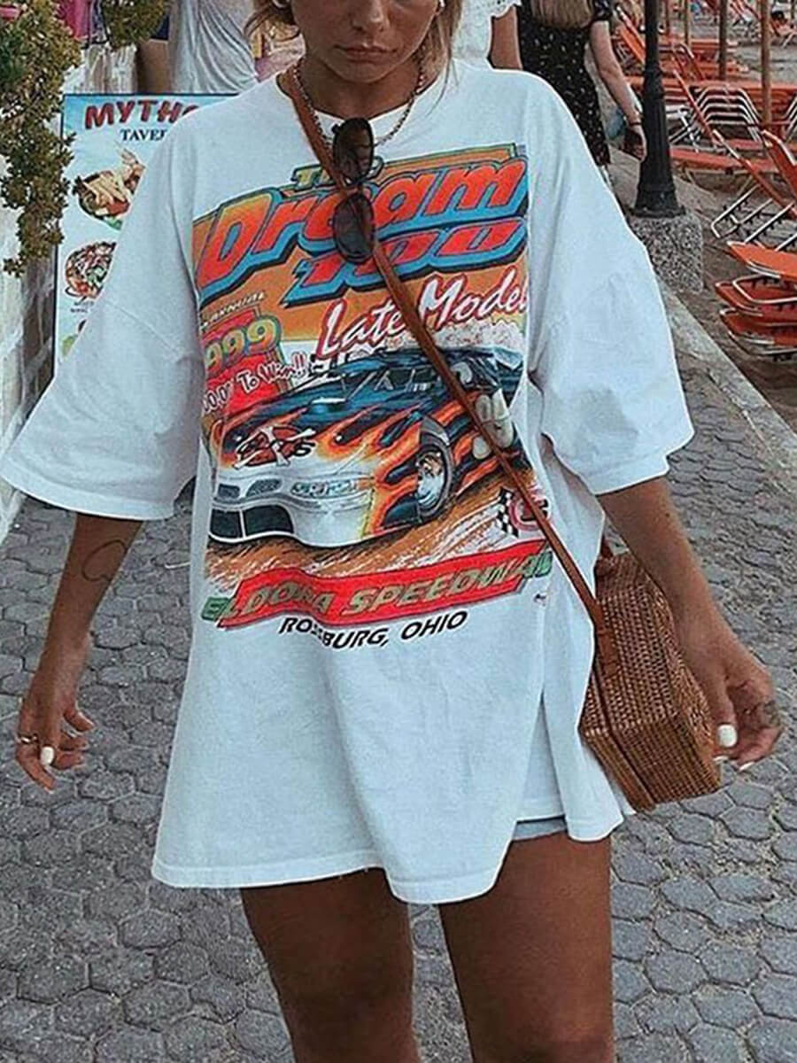 

Lovely Casual O Neck Car Letter Print White Plus Size T-shirt