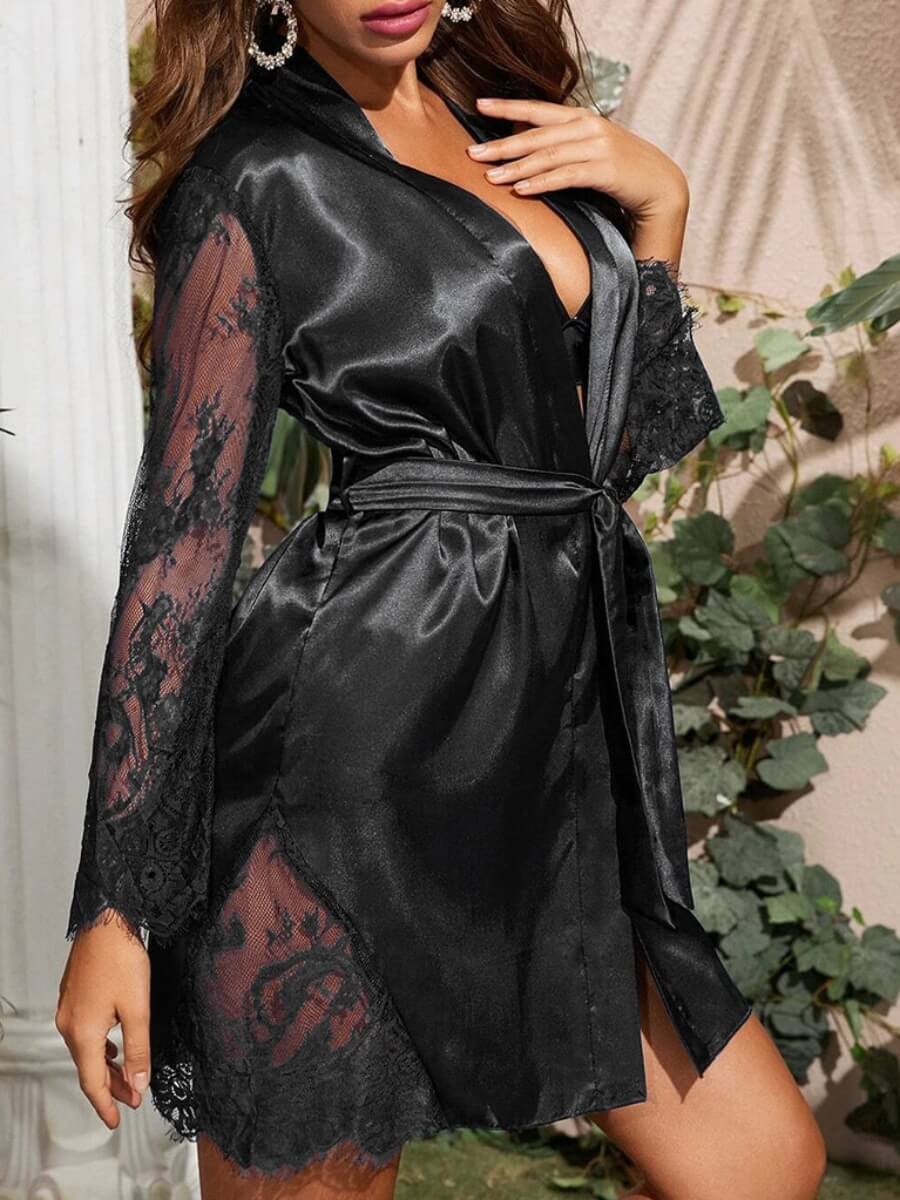 

Lovely Sexy Lace Patchwork Tie Belt Black Babydoll