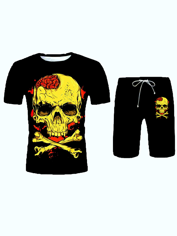 

Lovely Men Casual Skeleton Print Black Two Piece Shorts Set