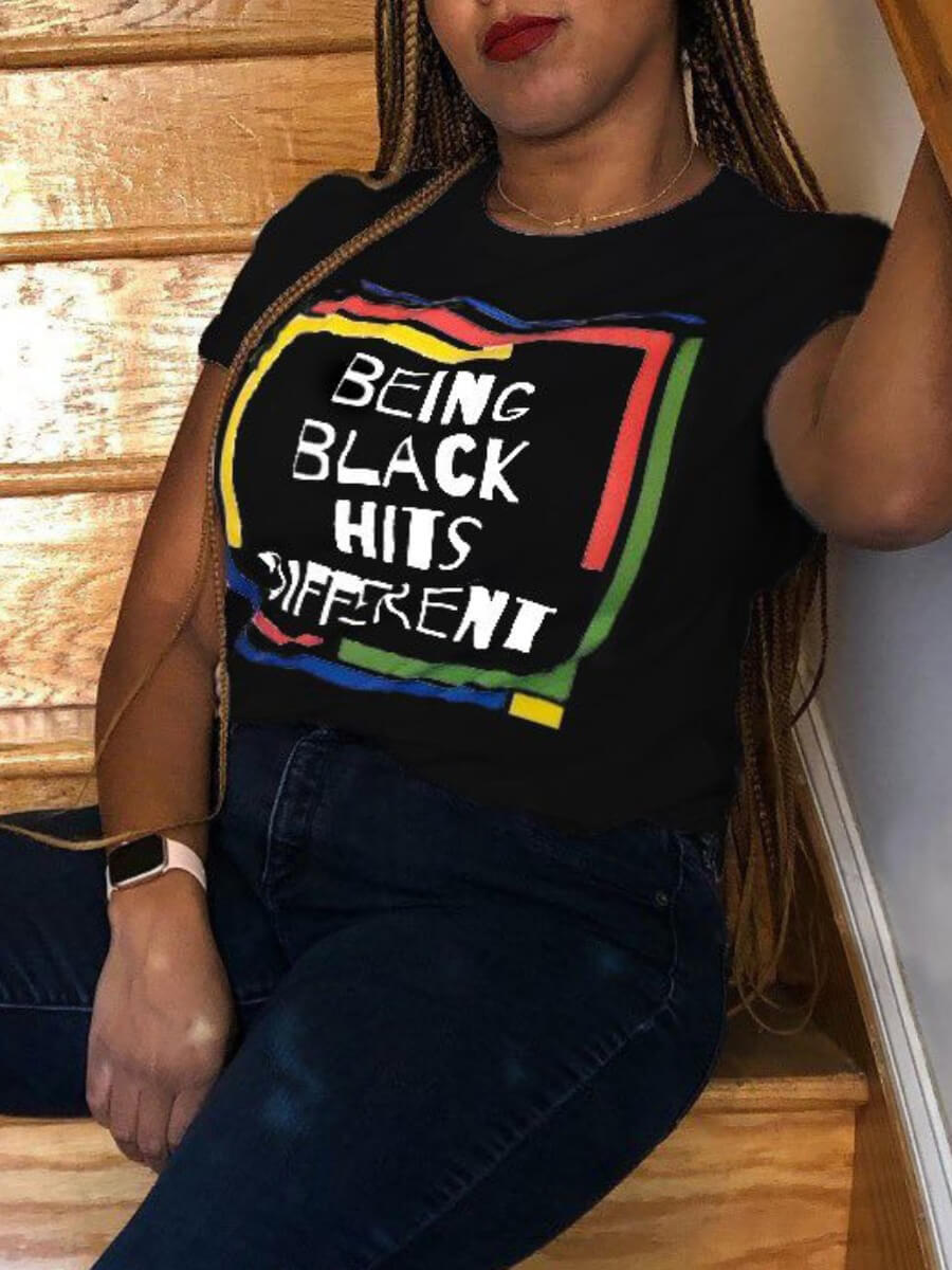 

Lovely Plus Size Casual O Neck Letter Print Black T-shirt