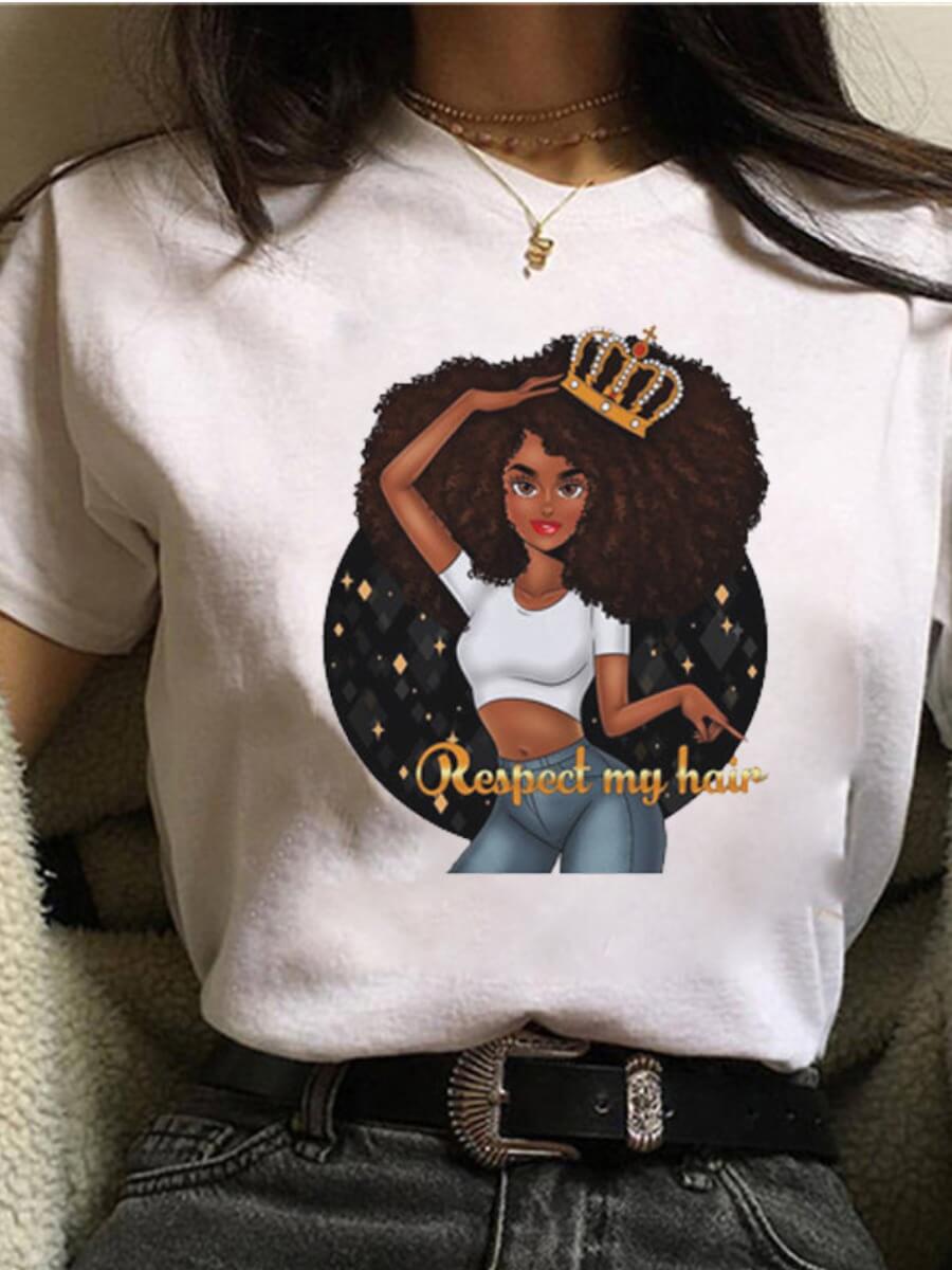 

Lovely Casual O Neck Portrait Print Brown Plus Size T-shirt