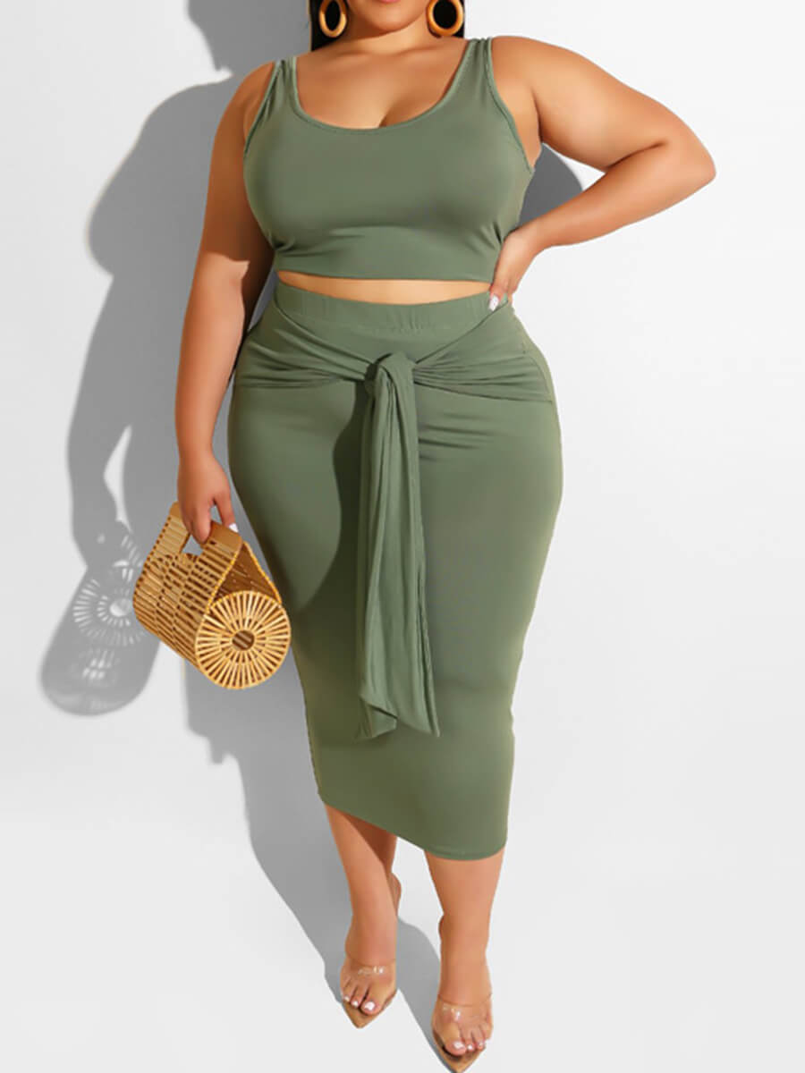 

Lovely Casual U Neck Bandage Design Army Green Plus Size Two-piece Skirt Set