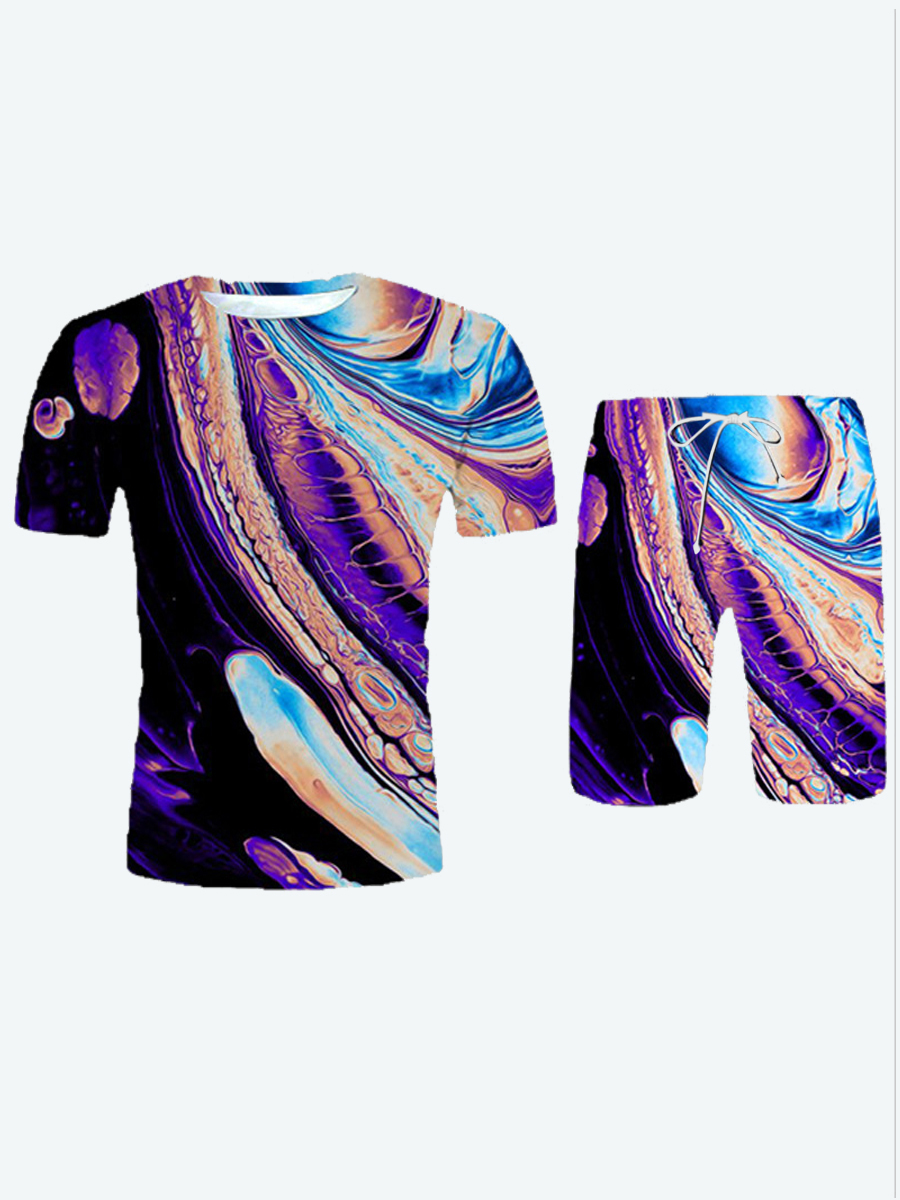 

LW Men Casual O Neck Graffiti Print Multicolor Two Piece Shorts Set, Multi