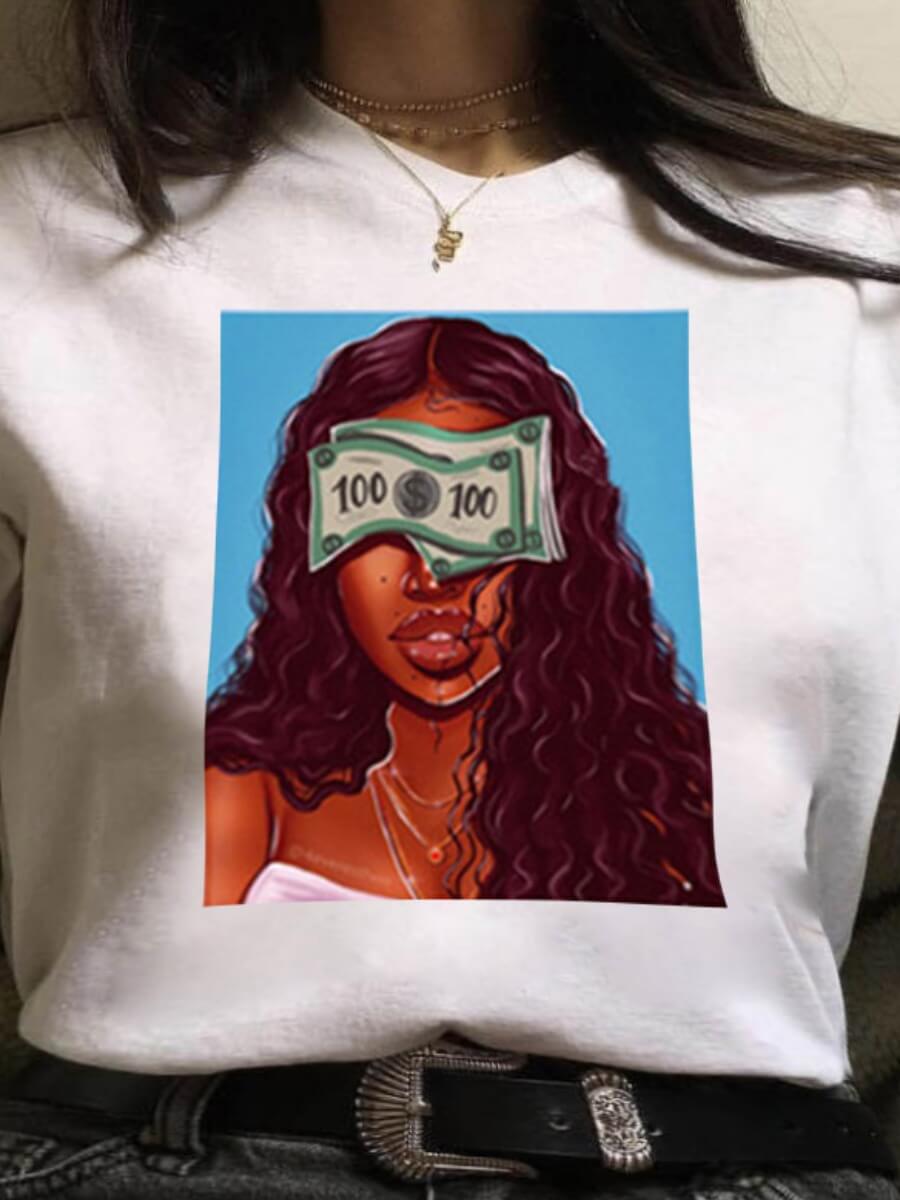 

Lovely Casual O Neck Portrait Print Coffee Plus Size T-shirt