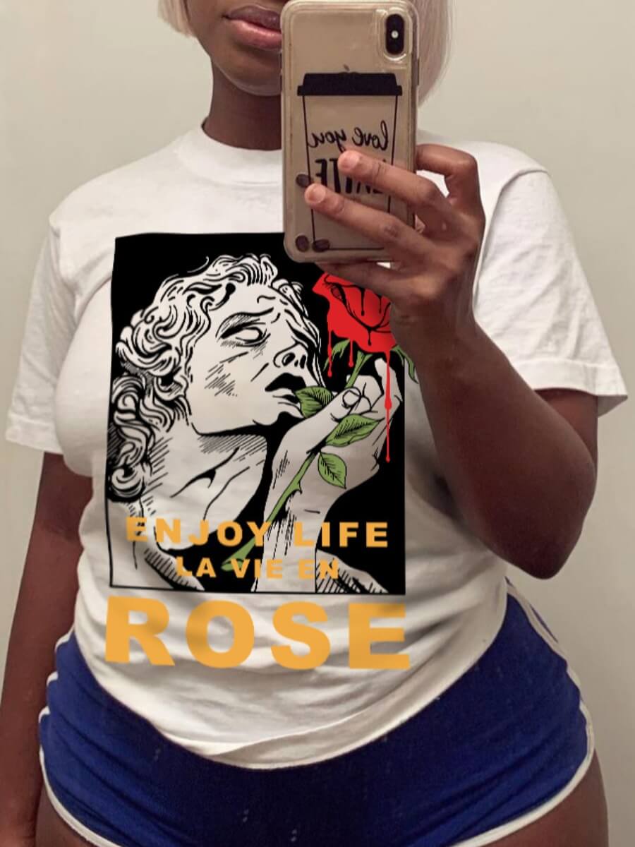 

Lovely Casual O Neck Graffiti Rose Flower Print White Plus Size T-shirt