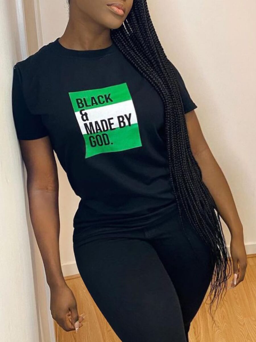 

Lovely Casual O Neck Letter Print Black Plus Size T-shirt