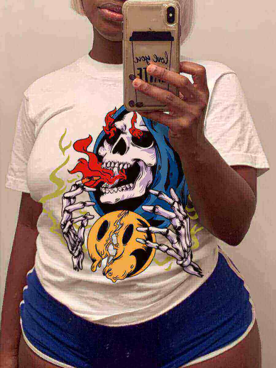 

Lovely Plus Size Casual O Neck Skeleton Print White T-shirt