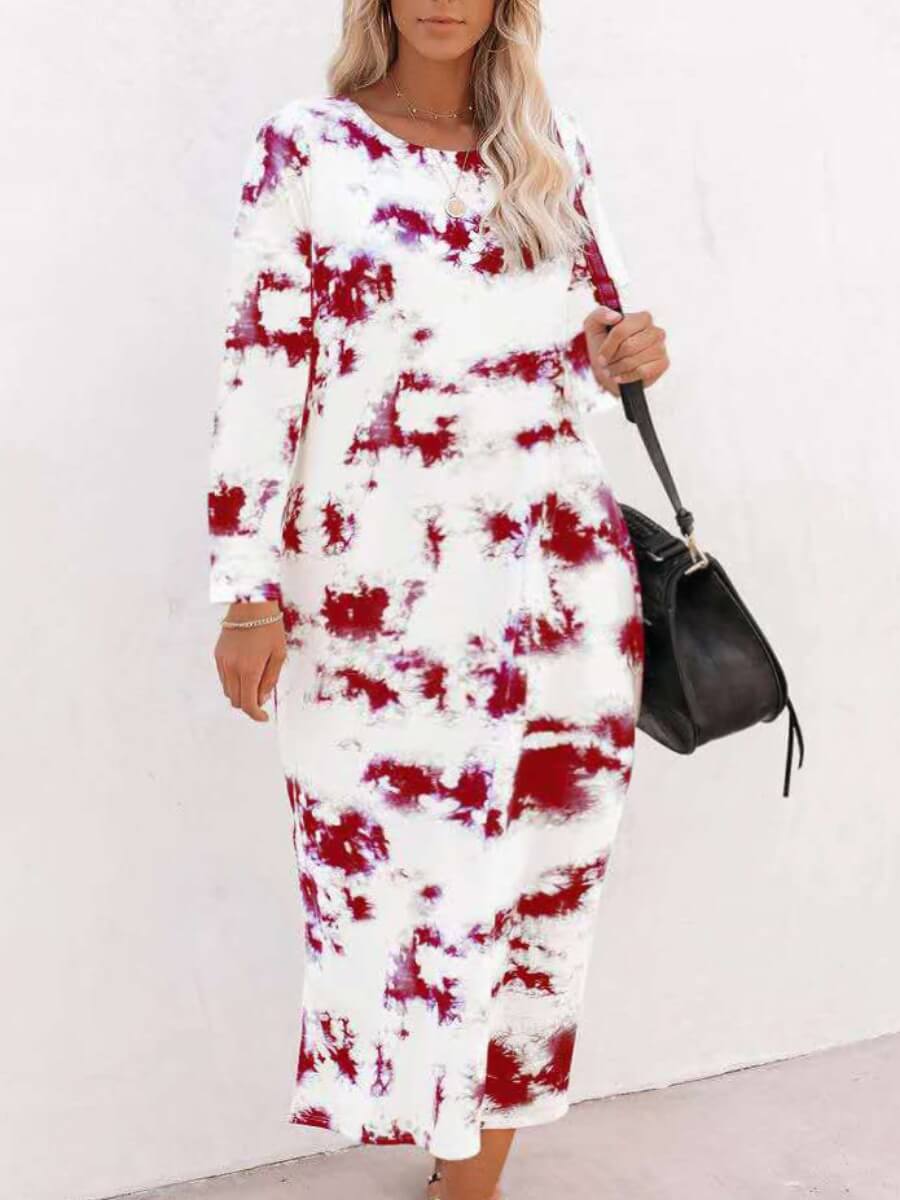 

Lovely Casual O Neck Tie-dye Split Wine Red Mid Calf Plus Size Dress