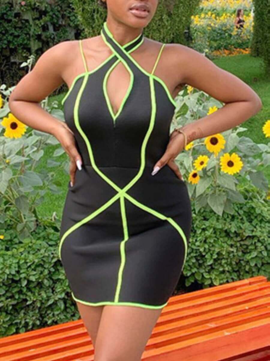 

Lovely Street Cross-over Hollow-out Patchwork Black Mini Dress