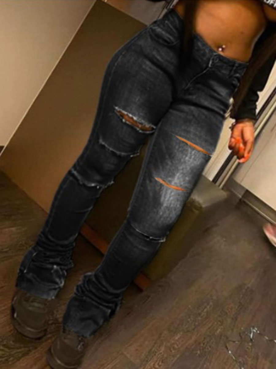 

Lovely Casual Broken Holes Fold Design Black Jeans