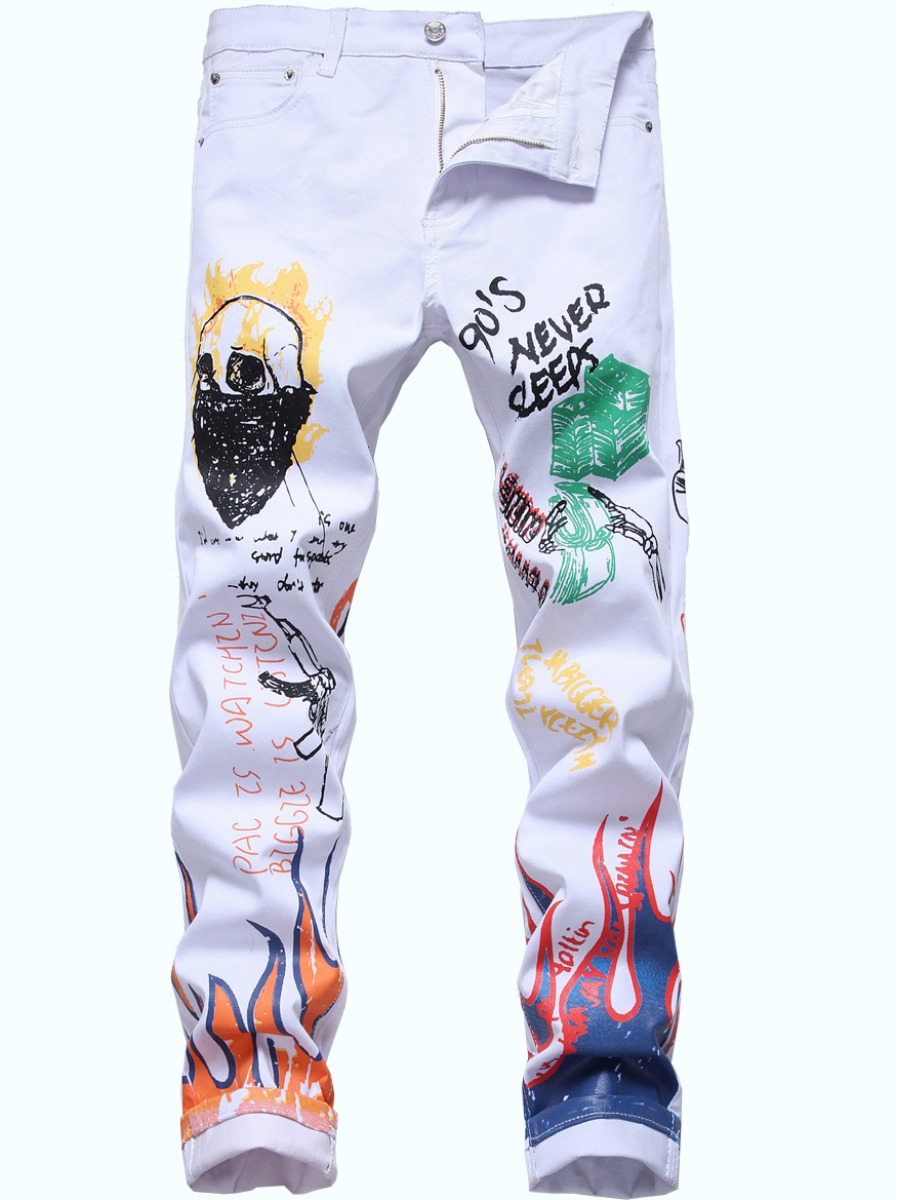 

Lovely Street Graffiti Print Patchwork White Men Jeans