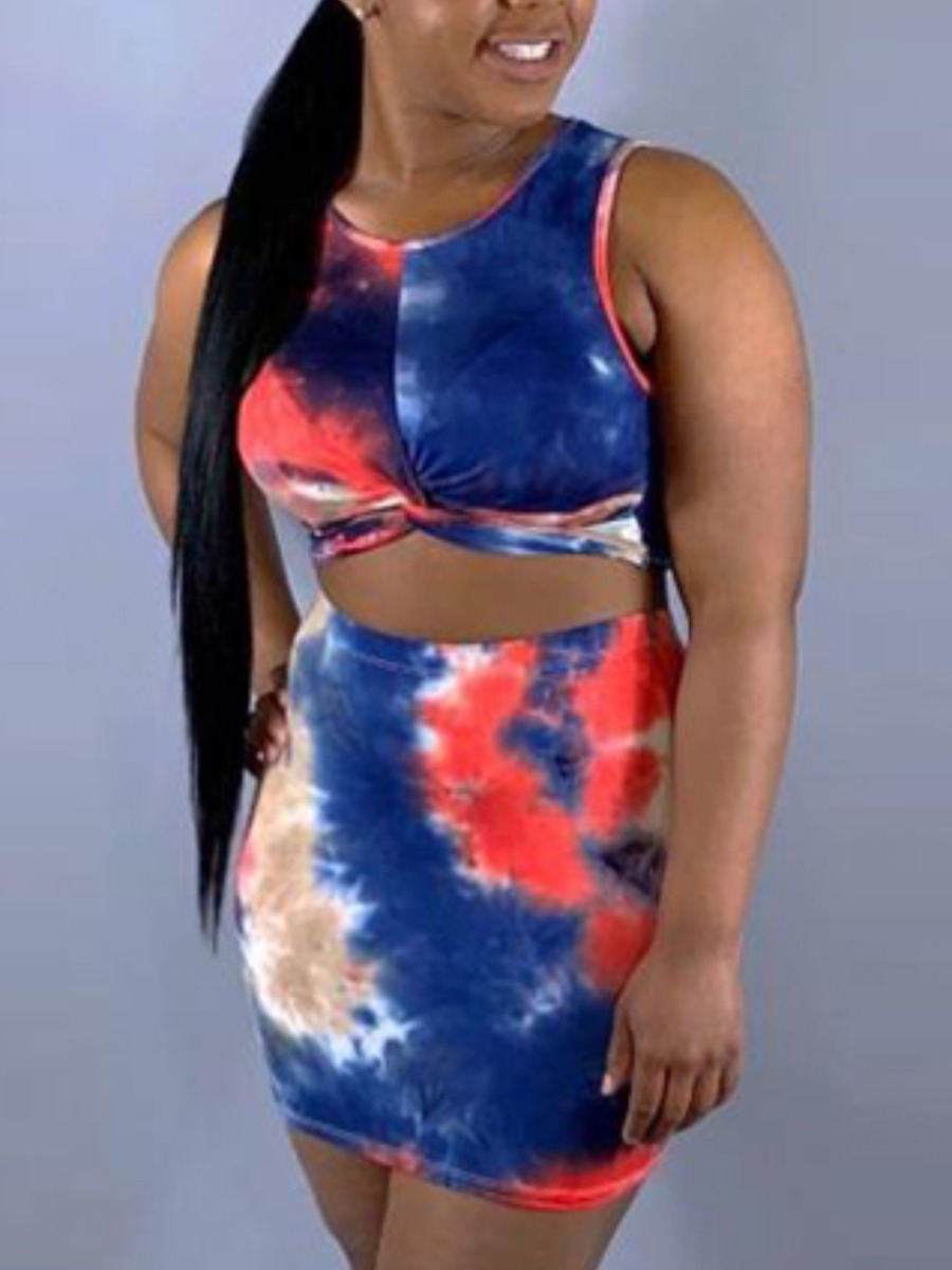 

Lovely Chic Twisted Tie Dye Multicolor Two Piece Skirt Set, Multi