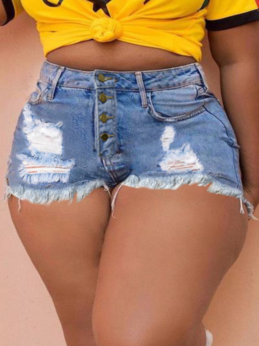 

Lovely Casual High-waisted Raw Edge Baby Blue Denim Shorts