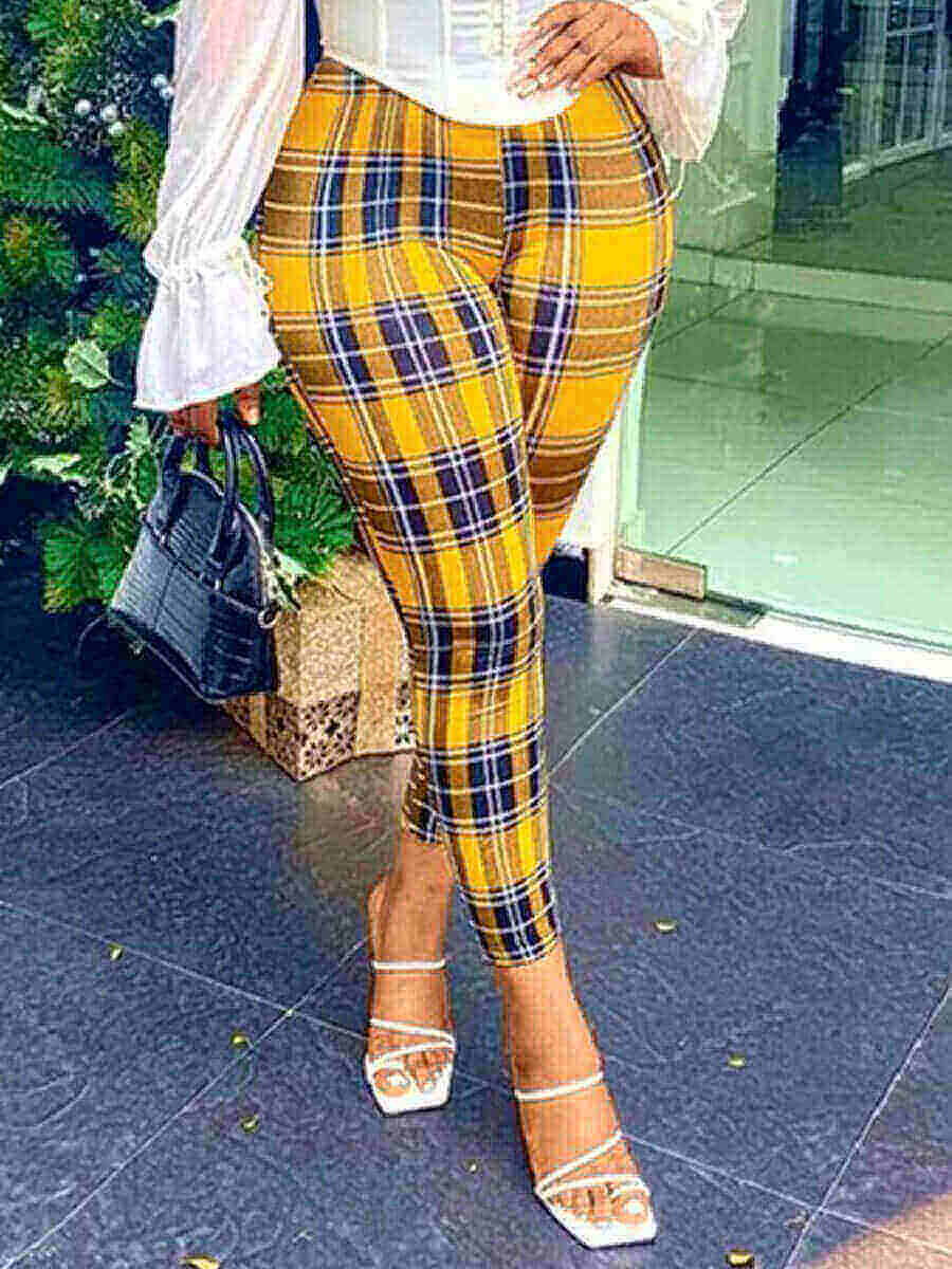 

LW Casual Mid Waist Plaid Print Skinny Yellow Pants