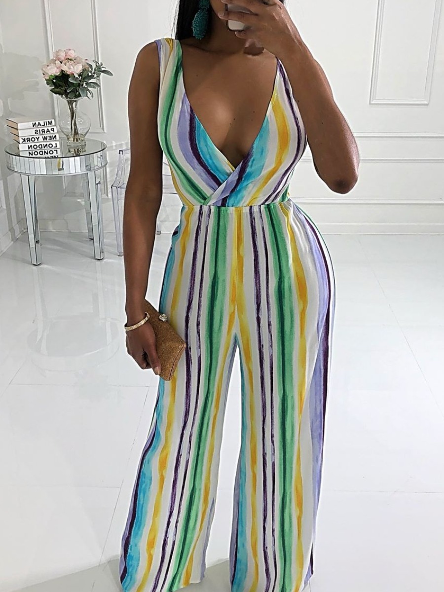 

Lovely Casual V Neck Striped Multicolor One-piece Jumpsuit, Multi