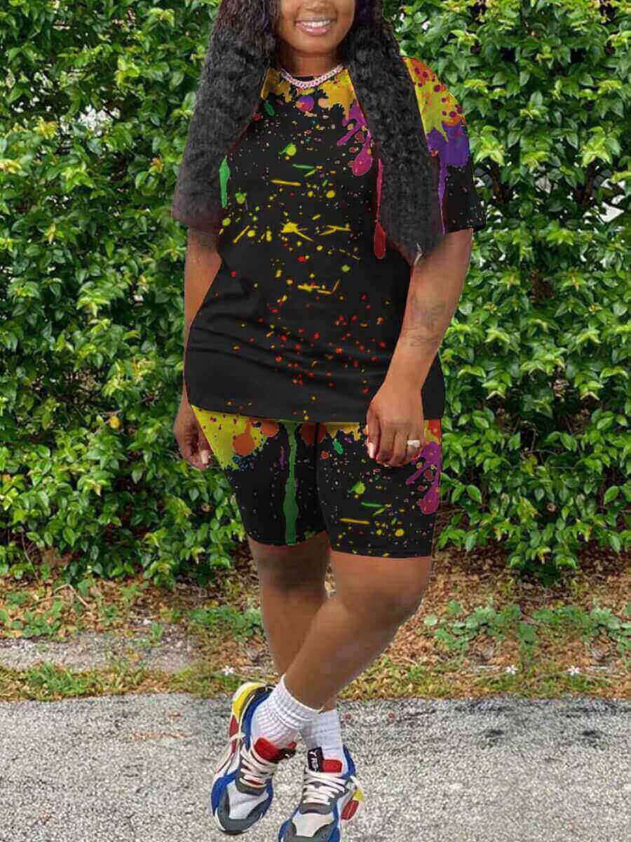 

Lovely Plus Size Casual O Neck Splash Ink Print Black Two-piece Shorts Set