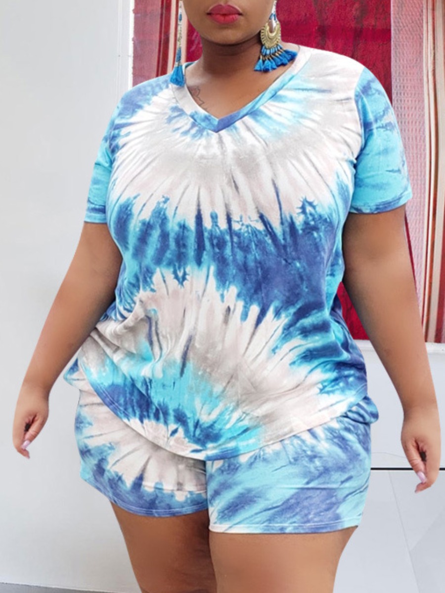 

Lovely Casual V Neck Tie-dye Blue Plus Size Two-piece Shorts Set