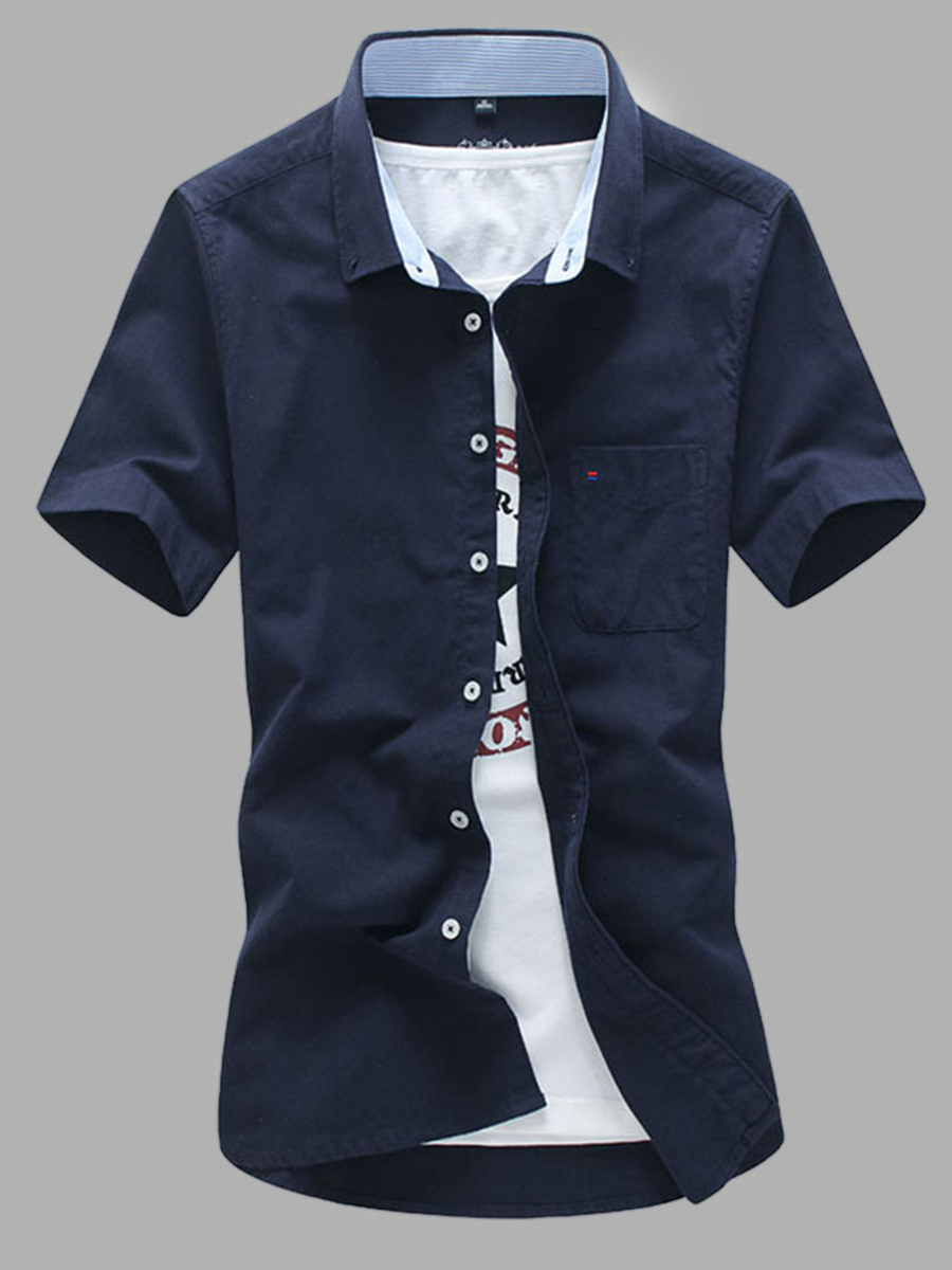

Lovely Street Turndown Collar Button Design Navy Blue Men Shirt