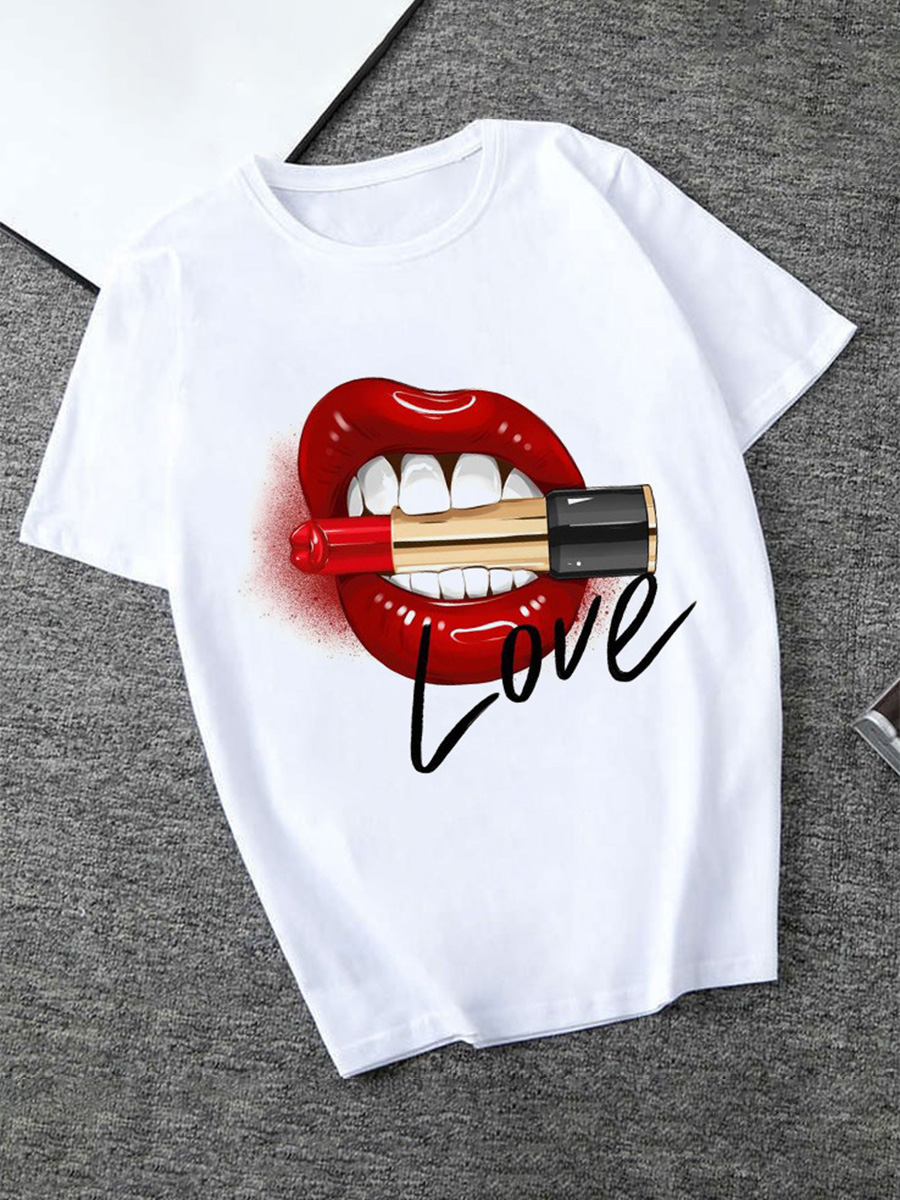

LW Plus Size Casual Letter Lip Print White T-shirt