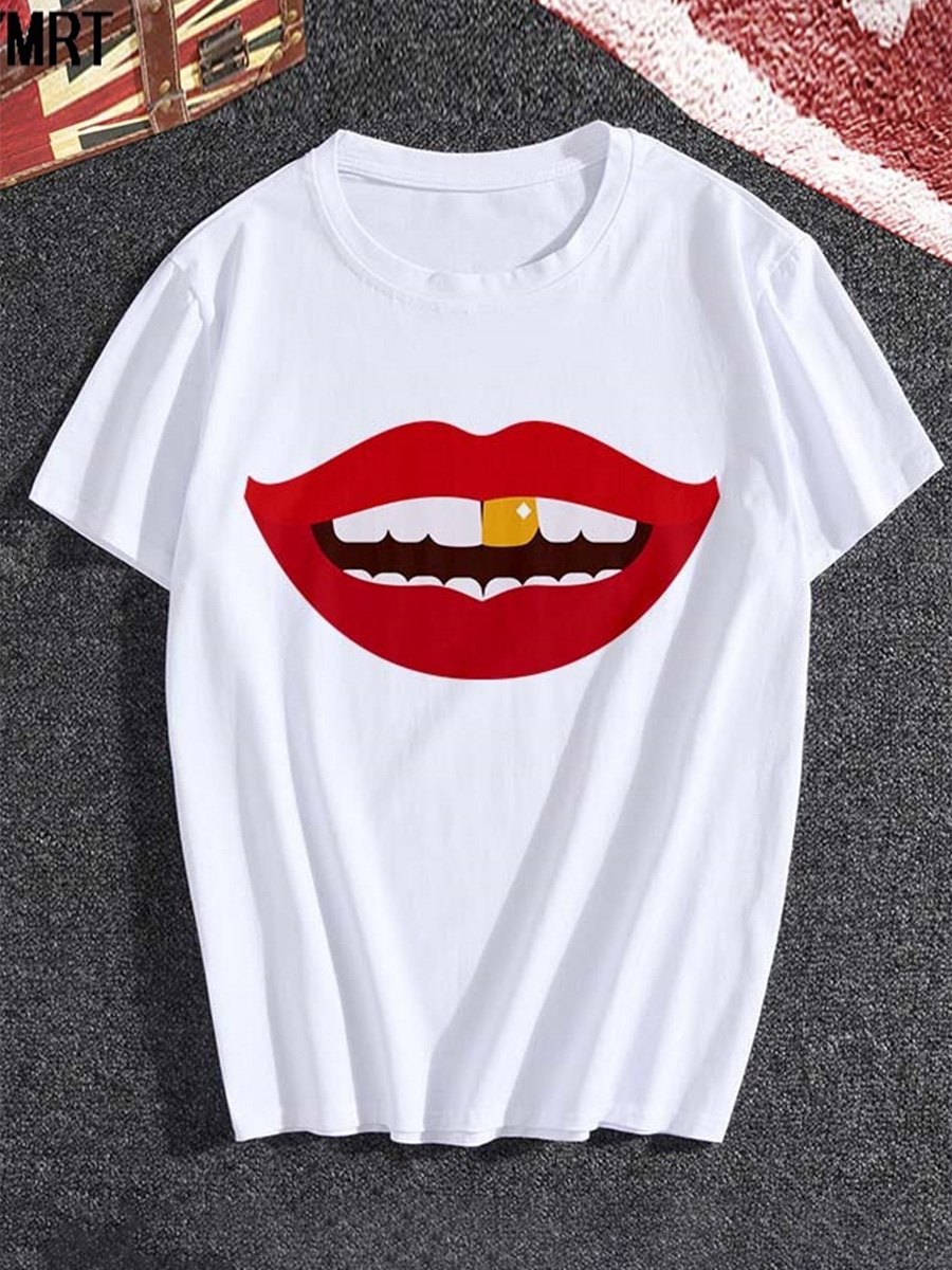 

Lovely Casual O Neck Lip Print White Plus Size T-shirt