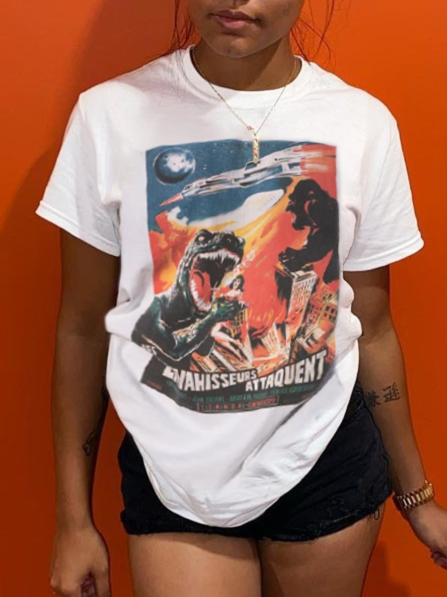 

Lovely Casual Cartoon Print Patchwork White T-shirt