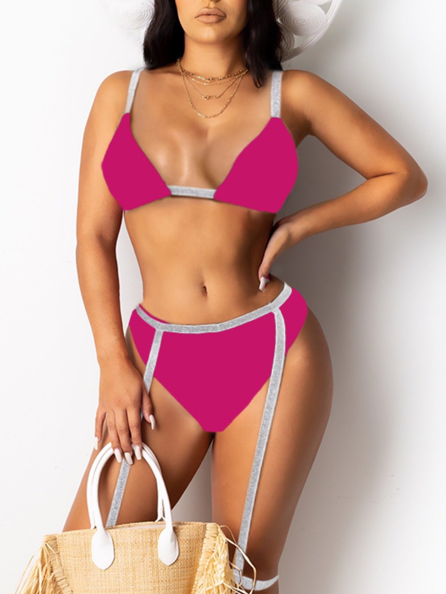 

Lovely Sexy Bandage Design Patchwork Rose Red Two-piece Swimsuit