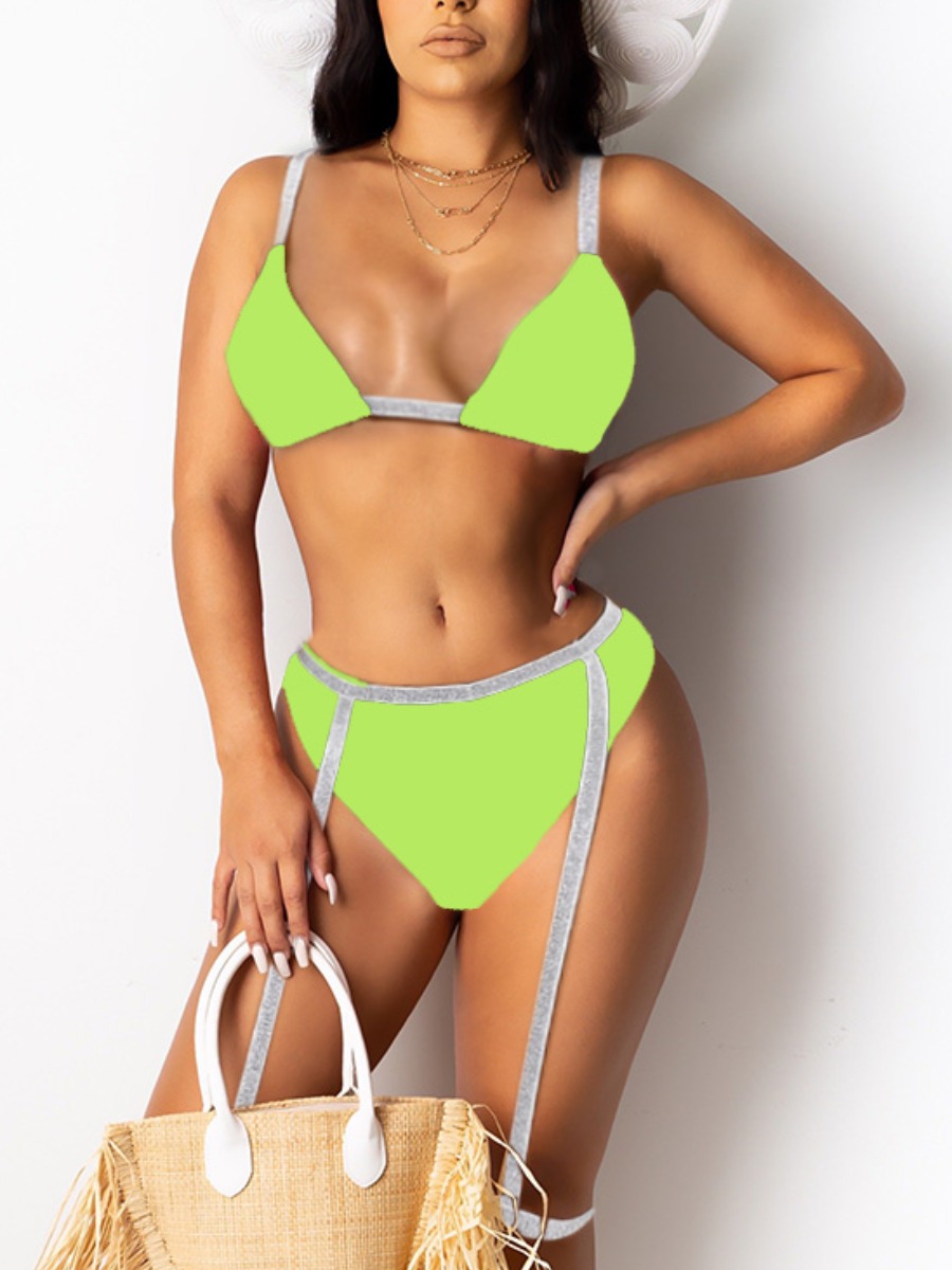 

Lovely Sexy Bandage Design Patchwork Green Two-piece Swimsuit