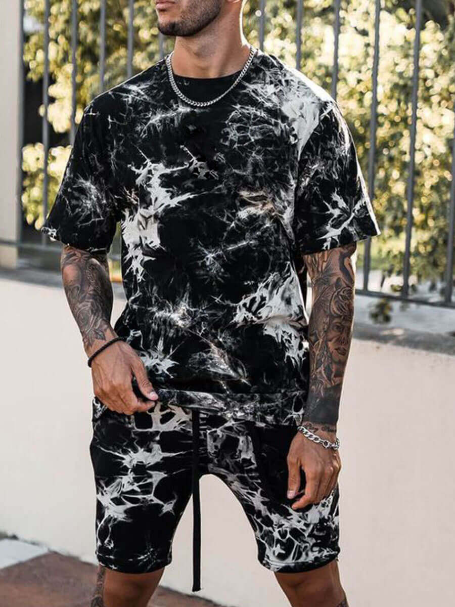 

LW Men Casual Tie Dye Drastring Black Two Piece Shorts Set