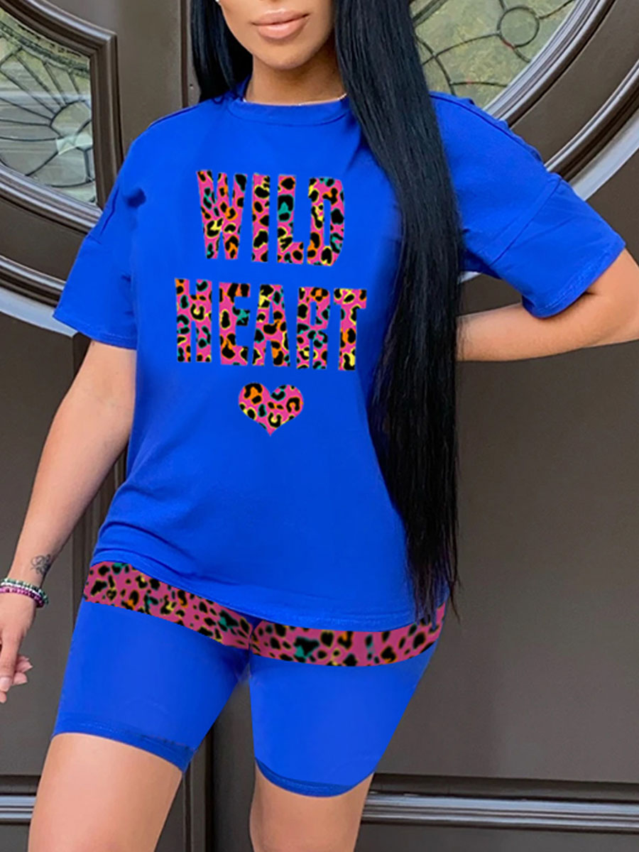 

Lovely Trendy Leopard Letter Print Blue Two Piece Shorts Set