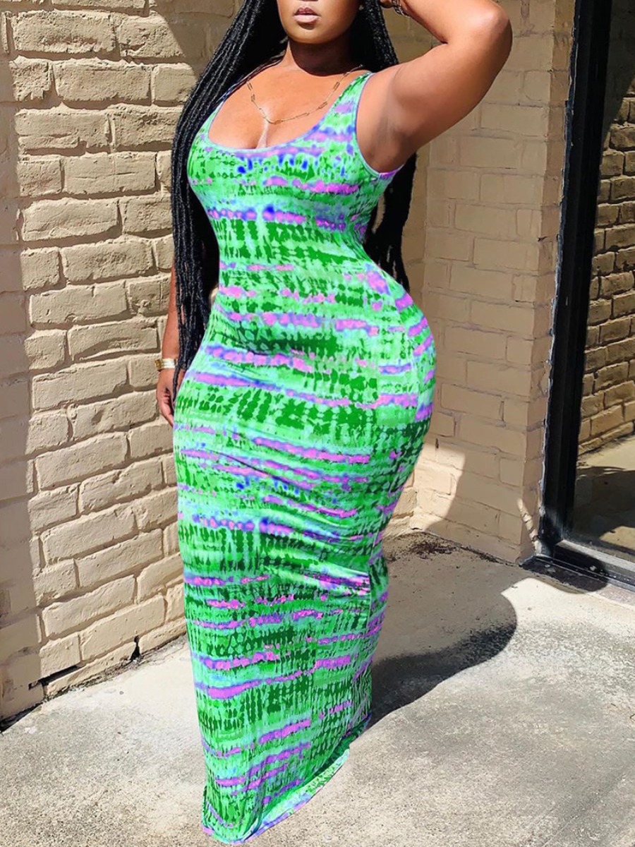 

LW Plus Size Boho Print Bandage Hollow-out Design Green Floor Length Dress
