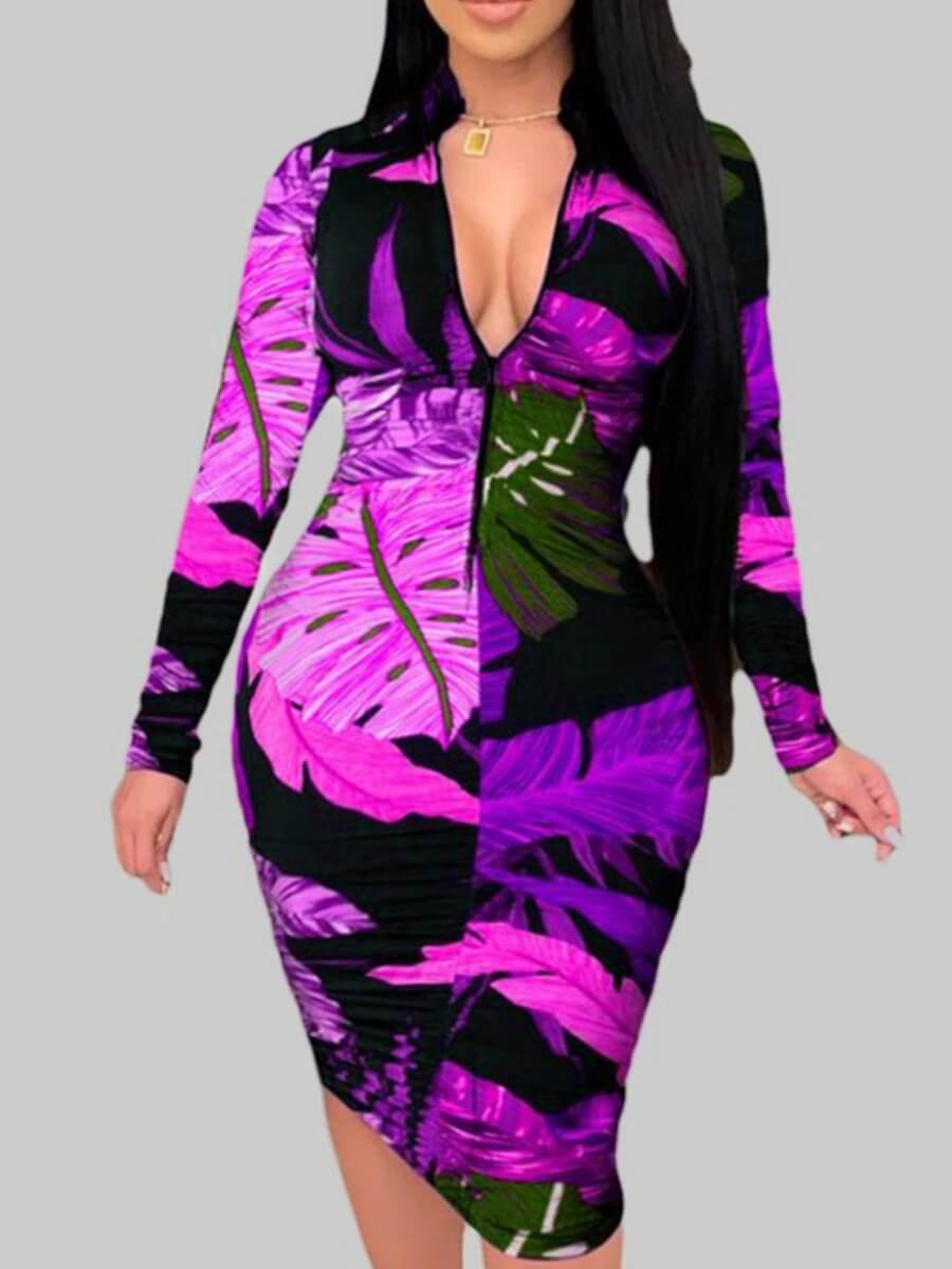 

Lovely Plus Size Casual Leaf Print Zipper Design Purple Knee Length Dress