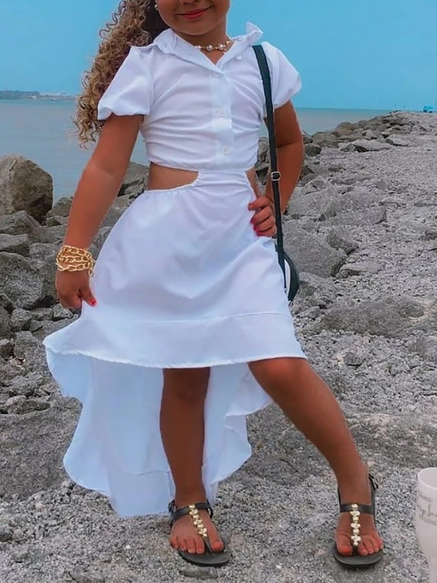 

Lovely Sweet Hollow-out Flounce Design Asymmetrical White Girl Mid Calf Dress