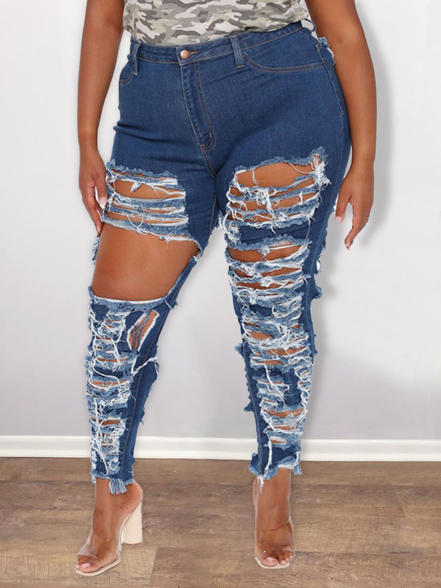 

Lovely Casual High-waisted Ripped Blue Plus Size Jeans