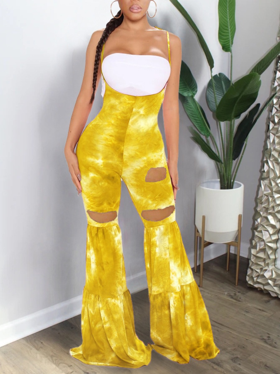 

Lovely Casual Tie-dye Flared Broken Holes Yellow One-piece Jumpsuit