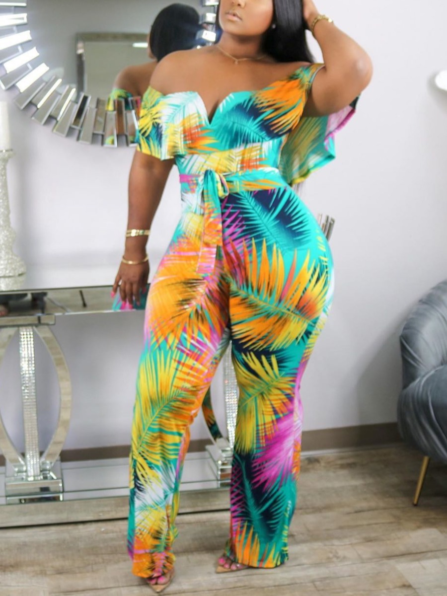 

LW Boho Off The Shoulder Leaf Print Flap Over Green One-piece Jumpsuit